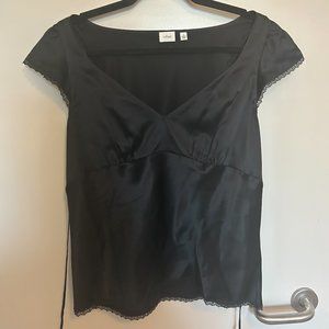 Aritzia Wilfred Black Silk Blouse with Lace Trim Size XL
